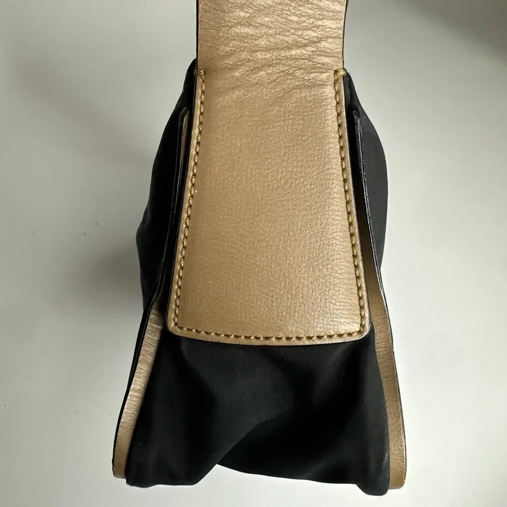Bally Vintage Black Beige Nylon Leather Baguette Shoulder Bag Purse Made Italy